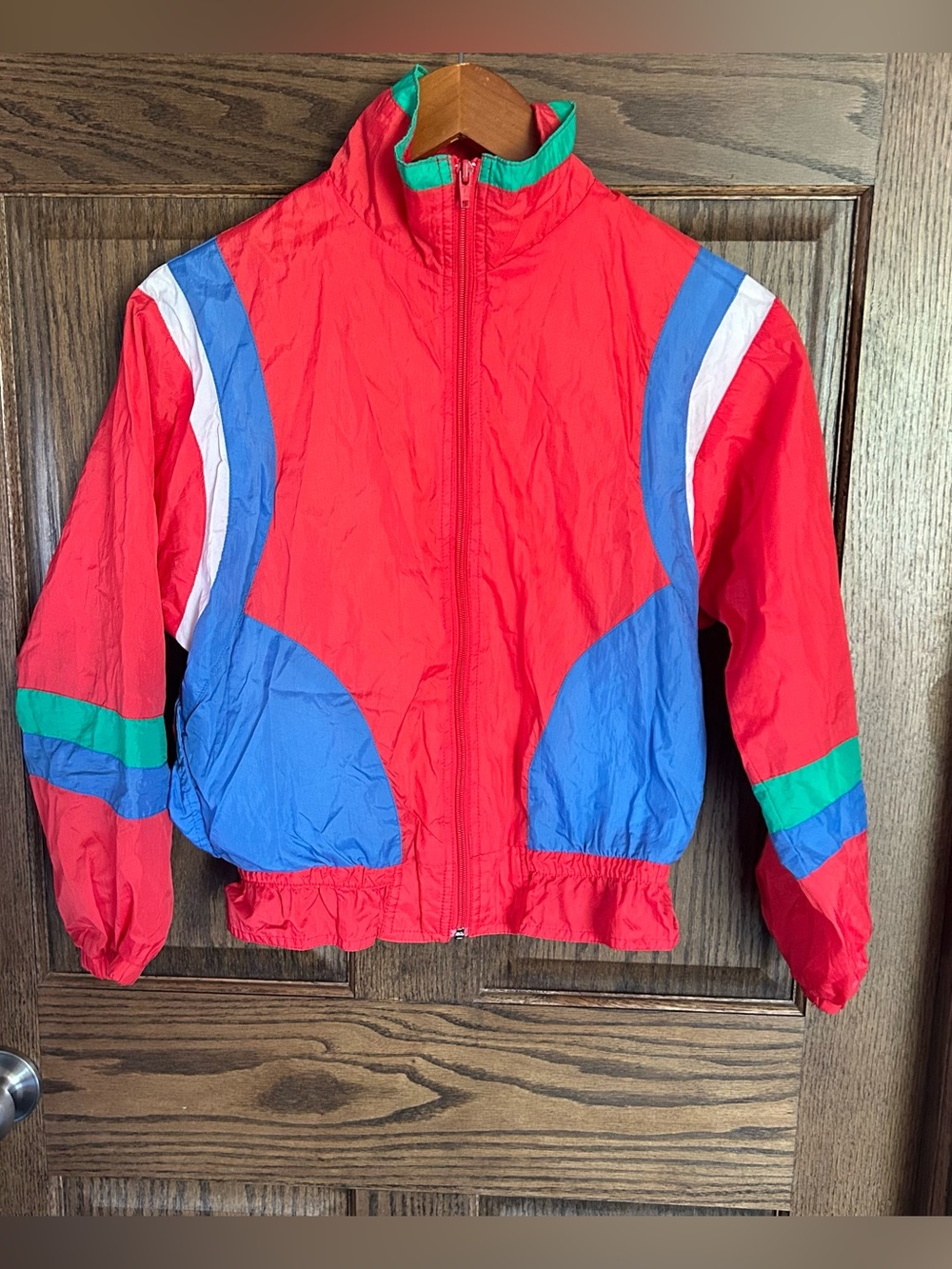 Kids Red Colorblock Puffer Jacket with Blue & Green Accents